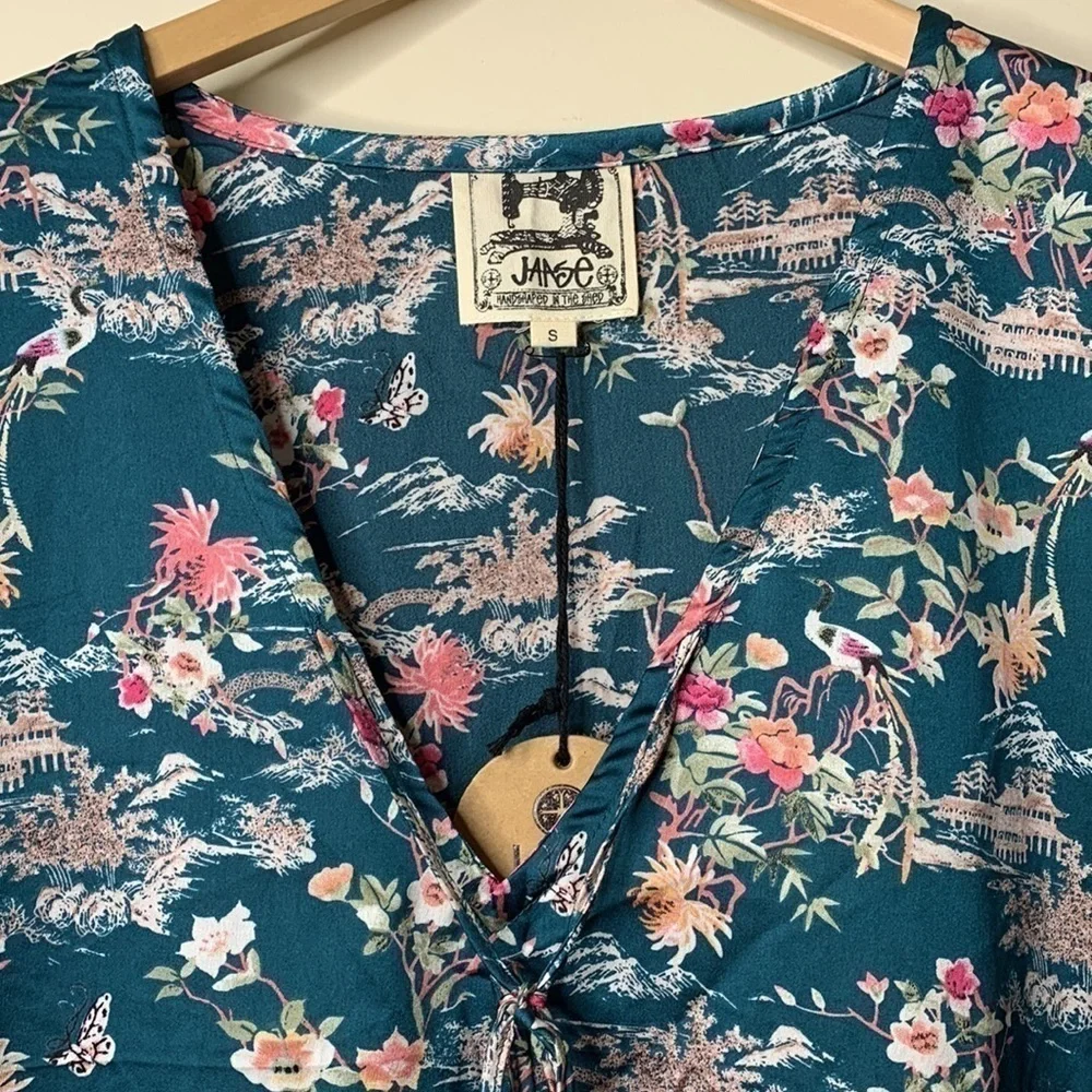 Jaase | Boho Weekend Beach Balloon Sleeve Asian Print V-Neck Tunic Dress NWT S
